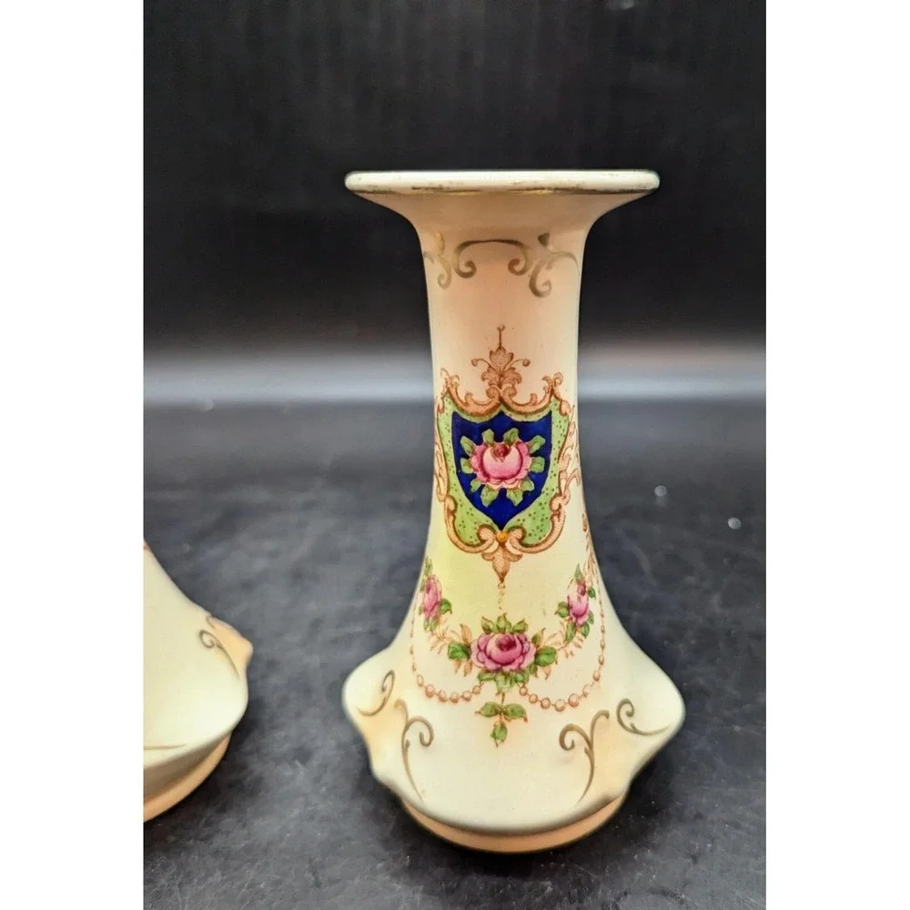 Antique Set/2 Crown Ducal Transferware Candle Sticks Flower Floral 5.5